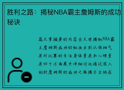 胜利之路：揭秘NBA霸主詹姆斯的成功秘诀